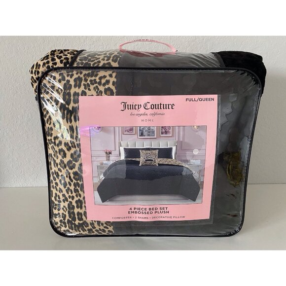 4 Piece Juicy Couture Embossed Leopard Royal Reversible Queen Size Comforter Set - Picture 1 of 16